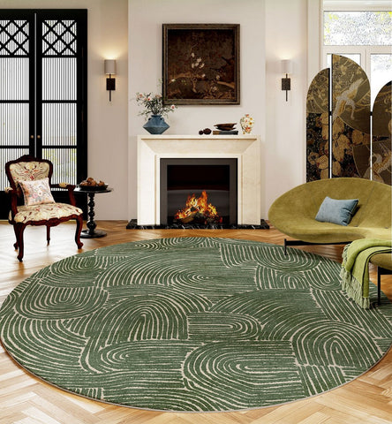 Green Contemporary Modern Rugs, Geometric Round Rugs for Dining Room, Mid Century Round Modern Rugs under Chairs, Bedroom Abstract Modern Area Rugs-HomePaintingDecor
