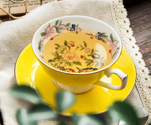 Elegant Yellow Ceramic Cups, Unique Royal Coffee Cup and Saucer, Beautiful British Tea Cups, Creative Bone China Porcelain Tea Cup Set-HomePaintingDecor