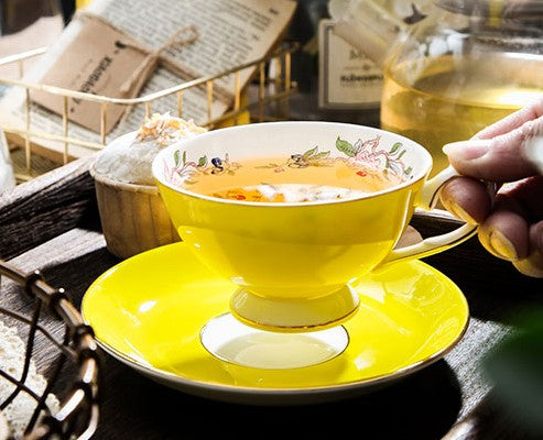 Elegant Yellow Ceramic Cups, Unique Royal Coffee Cup and Saucer, Beautiful British Tea Cups, Creative Bone China Porcelain Tea Cup Set-HomePaintingDecor