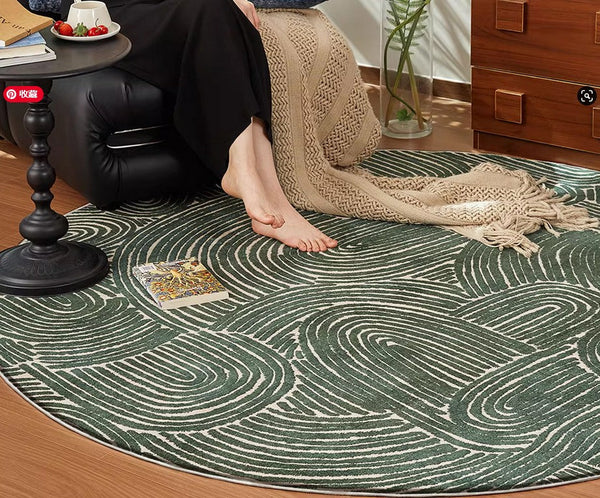 Green Contemporary Modern Rugs, Geometric Round Rugs for Dining Room, Mid Century Round Modern Rugs under Chairs, Bedroom Abstract Modern Area Rugs-HomePaintingDecor