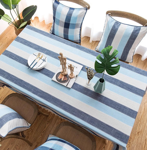 Rectangular Table Covers for Coffee Table, Blue Stripe Rectangular Tablecloth for Oval Table, Cotton and Linen Tablecloths, Modern Table Cloths for Dining Room-HomePaintingDecor