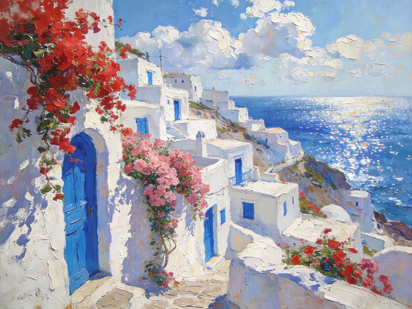 Bougainvillea's Aegean Embrace, Hand Painted Canvas Art, Small Landscape Paintings, Landscape Wall Art for Dining Room, Original Oil Paintings-HomePaintingDecor