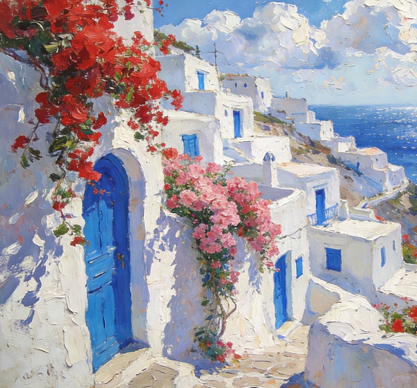 Bougainvillea's Aegean Embrace, Hand Painted Canvas Art, Small Landscape Paintings, Landscape Wall Art for Dining Room, Original Oil Paintings-HomePaintingDecor