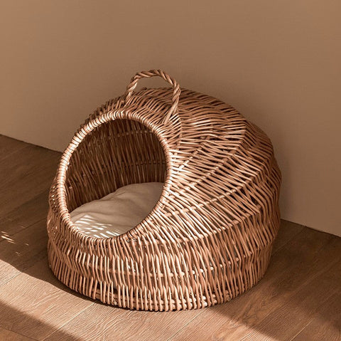 Indoor Cat Bed, Natural Wicker Cat House Basket with Washable Cushion for Indoor Cats and Dogs-HomePaintingDecor