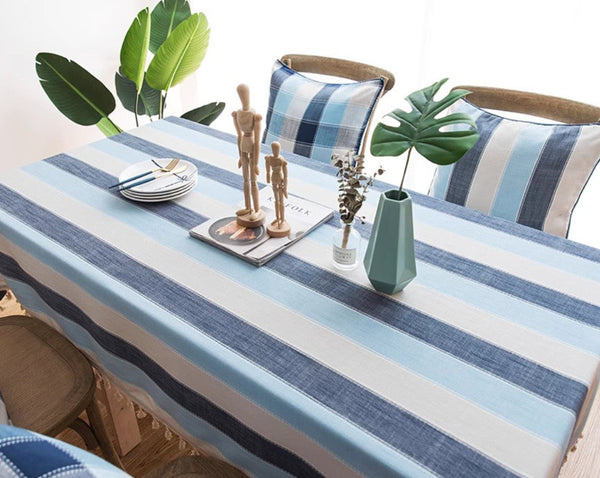Blue Stripe Rectangular Tablecloth for Oval Table, Cotton and Linen Tablecloths, Rectangular Table Covers for Coffee Table, Modern Table Cloths for Dining Room-HomePaintingDecor