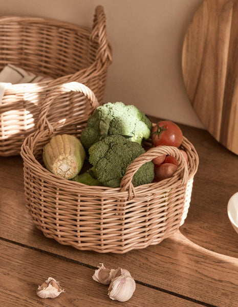 Picnic Fruit Basket with Handle, Kitchen Storage Baskets, Natural Hand-woven Wicker Round Storage Basket, Lovely Willow Weaving Baskets for Vegetable, Natural Fruit Storage Basket-HomePaintingDecor