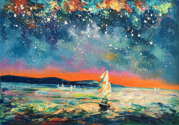 Modern Abstract Art, Oil Painting, Starry Night Sky, Landscape Painting, Bedroom Wall Art
