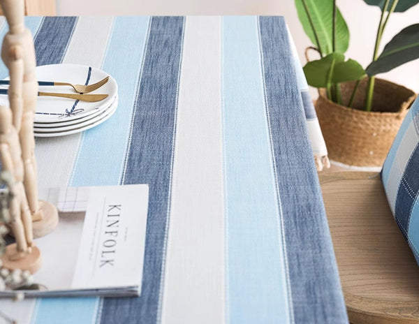 Blue Stripe Rectangular Tablecloth for Oval Table, Cotton and Linen Tablecloths, Rectangular Table Covers for Coffee Table, Modern Table Cloths for Dining Room-HomePaintingDecor