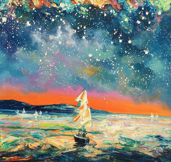 Modern Abstract Art, Oil Painting, Starry Night Sky, Landscape Painting, Bedroom Wall Art