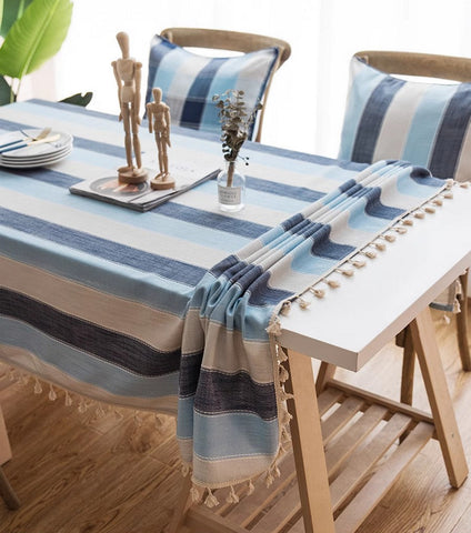 Blue Stripe Rectangular Tablecloth for Oval Table, Cotton and Linen Tablecloths, Rectangular Table Covers for Coffee Table, Modern Table Cloths for Dining Room-HomePaintingDecor