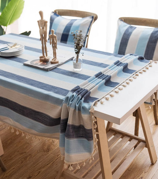 Rectangular Table Covers for Coffee Table, Blue Stripe Rectangular Tablecloth for Oval Table, Cotton and Linen Tablecloths, Modern Table Cloths for Dining Room-HomePaintingDecor