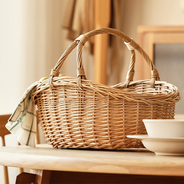 Large Kitchen Storage Baskets, Picnic Storage Basket with Handle, Hand-woven Wicker Storage Basket, Willow Weaving Baskets for Vegetable, Natural Fruit Basket-HomePaintingDecor