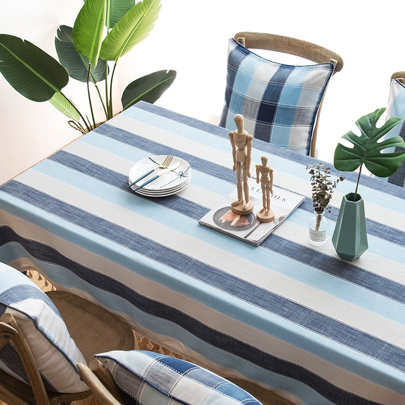 Blue Stripe Rectangular Tablecloth for Oval Table, Cotton and Linen Tablecloths, Rectangular Table Covers for Coffee Table, Modern Table Cloths for Dining Room-HomePaintingDecor