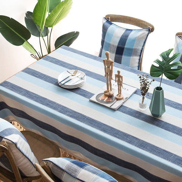 Blue Stripe Rectangular Tablecloth for Oval Table, Cotton and Linen Tablecloths, Rectangular Table Covers for Coffee Table, Modern Table Cloths for Dining Room-HomePaintingDecor