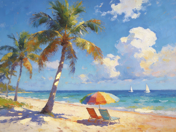 Tropical Coastal Charm, Buy Painting Online, Seashore Beach Paintings, Small Oil Paintings, Original Landscape Paintings, Hand Painted Canvas Art, Heavy Texture Artwork-HomePaintingDecor