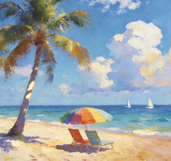 Tropical Coastal Charm, Buy Painting Online, Seashore Beach Paintings, Small Oil Paintings, Original Landscape Paintings, Hand Painted Canvas Art, Heavy Texture Artwork-HomePaintingDecor