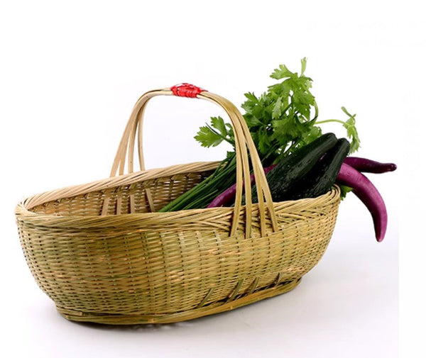Picnic Food Basket with Handle, Large Natural Hand-woven Bamboo Basket, Natural Fruit Basket Lovely Bamboo Baskets for Vegetable, Kitchen Storage Baskets-HomePaintingDecor