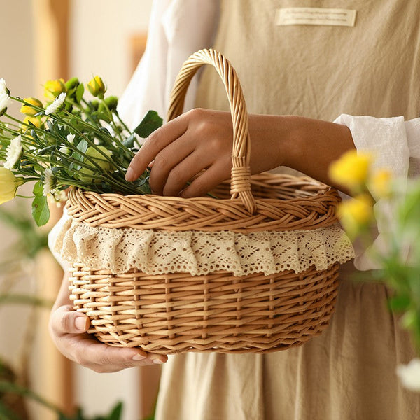 Storage Basket for Shelves, Picnic Storage Basket with Handle, Hand-woven Wicker Storage Basket, Natural Fruit Basket, Willow Weaving Baskets for Kitchen-HomePaintingDecor