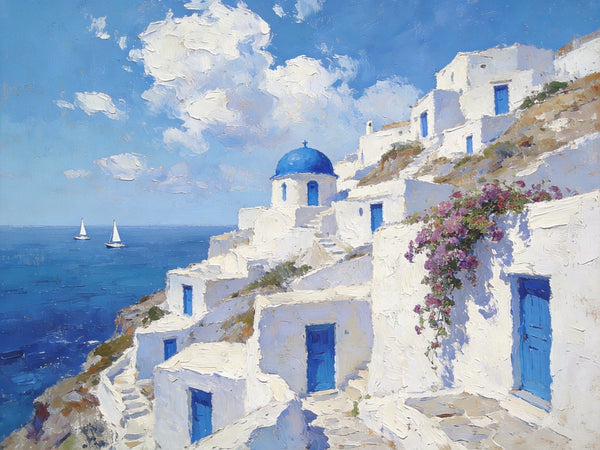 Landscape Wall Art Paintings, Santorini's Seaside Symphony, Hand Painted Canvas Art, Small Original Oil Paintings, Landscape Paintings for Living Room-HomePaintingDecor