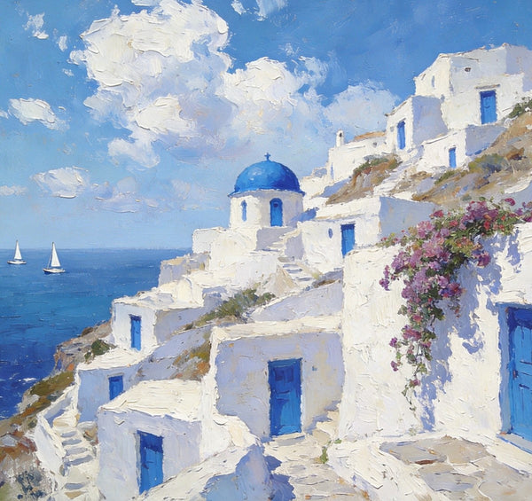 Landscape Wall Art Paintings, Santorini's Seaside Symphony, Hand Painted Canvas Art, Small Original Oil Paintings, Landscape Paintings for Living Room-HomePaintingDecor