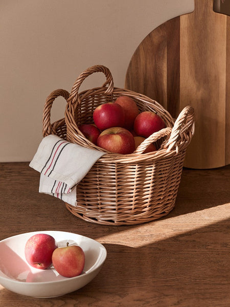 Large Picnic Fruit Basket with Handle, Natural Hand-woven Wicker Round Storage Basket, Lovely Willow Weaving Baskets for Vegetable, Natural Fruit Storage Basket, Kitchen Storage Baskets-HomePaintingDecor