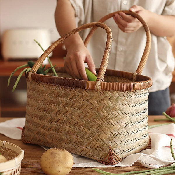 Storage Basket with Handle, Large Kitchen Storage Baskets, Natural Hand-woven Bamboo Storage Basket, Lovely Bamboo Weaving Baskets for Vegetable, Picnic Fruit Storage Baskets-HomePaintingDecor