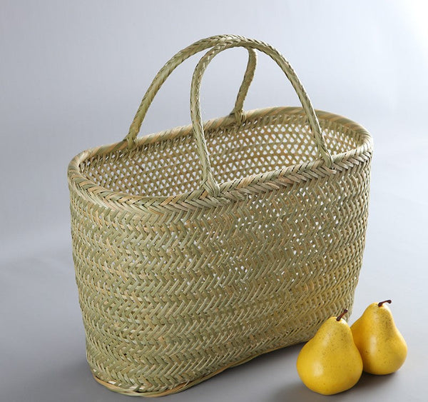 Natural Fruit Basket Kitchen Storage Baskets, Lovely Bamboo Baskets for Vegetable, Picnic Food Basket with Handle, Large Natural Hand-woven Bamboo Basket-HomePaintingDecor