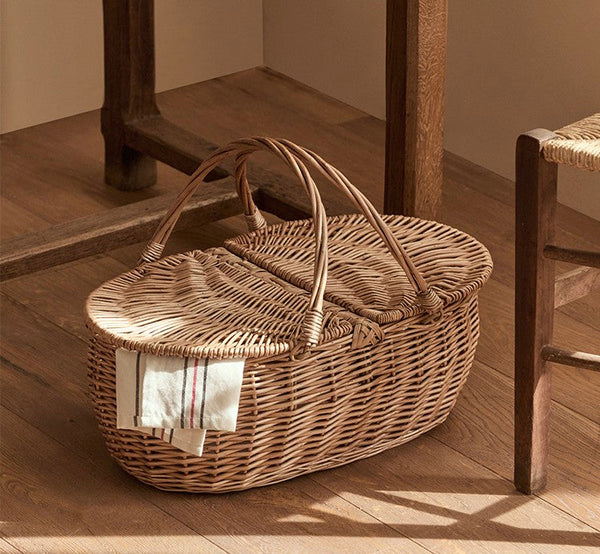 Extra Large Picnic Food Basket with Handle, Kitchen Storage Baskets, Natural Hand-woven Wicker Storage Basket, Lovely Willow Weaving Baskets for Vegetable, Natural Fruit Basket-HomePaintingDecor