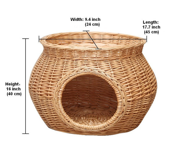 Rattan Cat Bed, Wicker Cat House Basket with Washable Cushion for Indoor Cats and Dogs-HomePaintingDecor