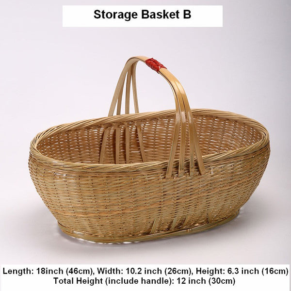 Natural Hand-woven Bamboo Basket, Extra Large Picnic Food Basket with Handle, Lovely Bamboo Baskets for Vegetable, Natural Fruit Basket Kitchen Storage Baskets-HomePaintingDecor