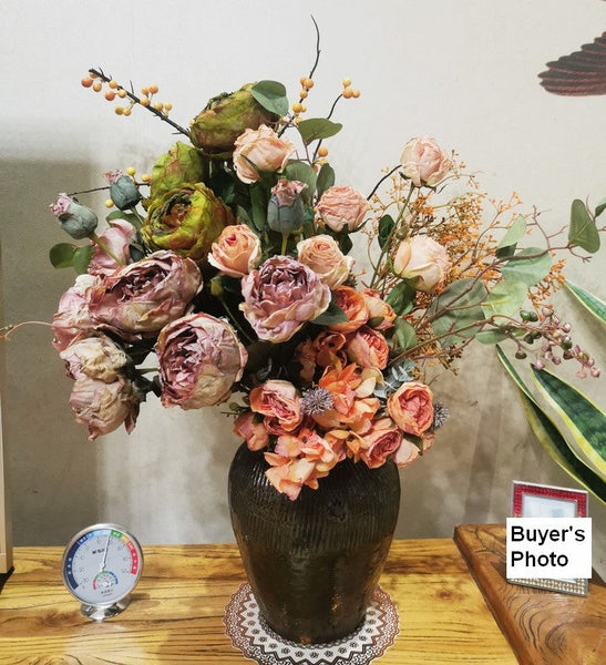 Beautiful Peony Rose Flowers Arrangement Interior Design, Large Faux Silk Floral Bouquet, Modern Artificial Floral Arrangement for Bedroom-HomePaintingDecor