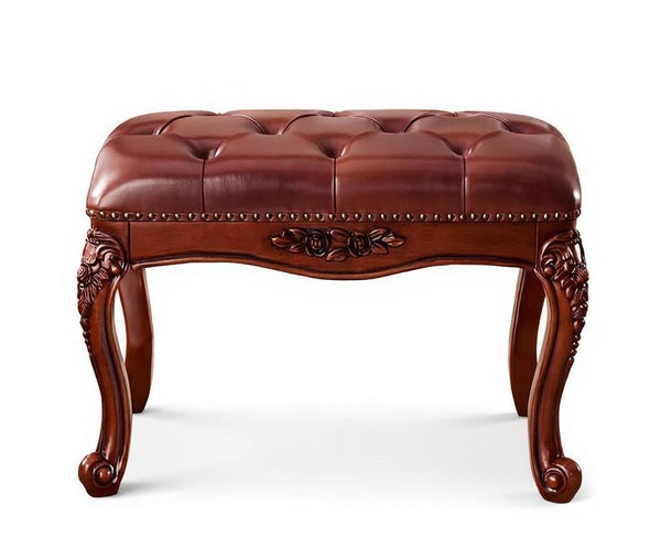 Dressing Table Stool, Rubber Wood Footstool, Vintage Chestnut Brown Leather Stool, Genuine Leather Solid Wood Entry Bench, Farmhouse Entryway Bench, Leather Lounge Chair Modern-HomePaintingDecor