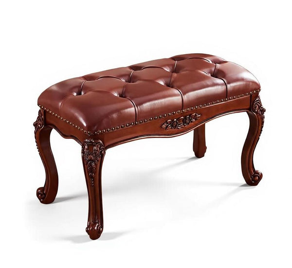 Dressing Table Stool, Rubber Wood Footstool, Vintage Chestnut Brown Leather Stool, Genuine Leather Solid Wood Entry Bench, Farmhouse Entryway Bench, Leather Lounge Chair Modern-HomePaintingDecor