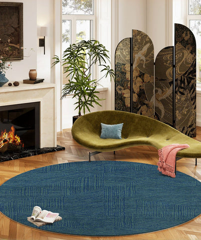 Geometric Round Rugs for Dining Room, Blue Contemporary Modern Rugs, Mid Century Round Modern Rugs under Chairs, Bedroom Abstract Modern Area Rugs-HomePaintingDecor