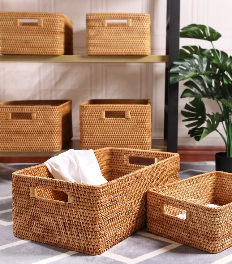 Small Rattan Storage Basket, Rectangular Basket With Handle, Bathroom Organizer Basket, Bedroom Storage Accessory