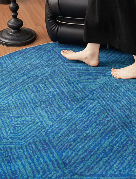 Geometric Round Rugs for Dining Room, Blue Contemporary Modern Rugs, Mid Century Round Modern Rugs under Chairs, Bedroom Abstract Modern Area Rugs-HomePaintingDecor