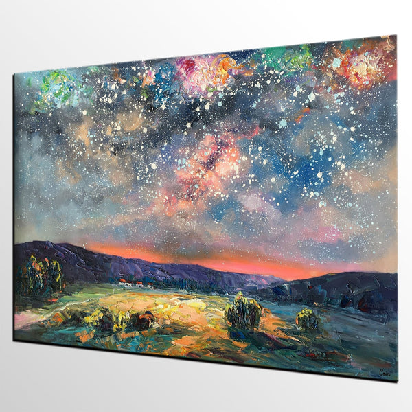 Abstract Landscape Painting, Starry Night Sky Painting, Heavy Texture Painting, Impasto Painting, Custom Wall Art Paintings for Living Room-HomePaintingDecor