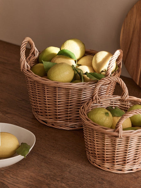 Large Picnic Fruit Basket with Handle, Natural Hand-woven Wicker Round Storage Basket, Lovely Willow Weaving Baskets for Vegetable, Natural Fruit Storage Basket, Kitchen Storage Baskets-HomePaintingDecor