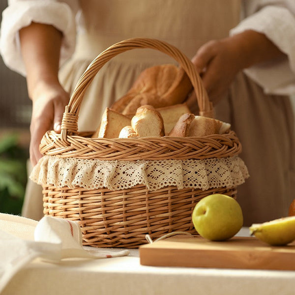 Storage Basket for Shelves, Picnic Storage Basket with Handle, Hand-woven Wicker Storage Basket, Natural Fruit Basket, Willow Weaving Baskets for Kitchen-HomePaintingDecor