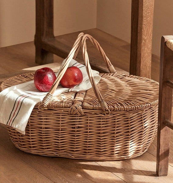 Extra Large Picnic Food Basket with Handle, Kitchen Storage Baskets, Natural Hand-woven Wicker Storage Basket, Lovely Willow Weaving Baskets for Vegetable, Natural Fruit Basket-HomePaintingDecor