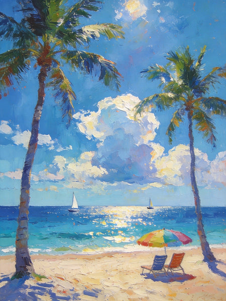 Coastal Serenity Scene, Palm Trees Seashore Paintings, Hand Painted Canvas Wall Art, Original Artwork, Small Oil Paintings, Heavy Texture Artwork, Small Canvas Paintings-HomePaintingDecor
