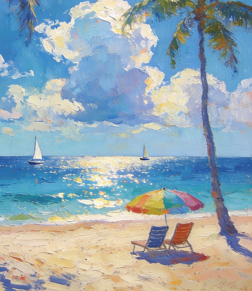 Coastal Serenity Scene, Palm Trees Seashore Paintings, Hand Painted Canvas Wall Art, Original Artwork, Small Oil Paintings, Heavy Texture Artwork, Small Canvas Paintings-HomePaintingDecor