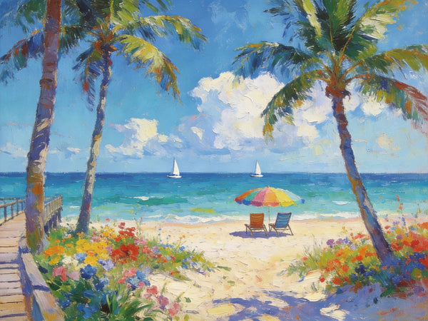 Landscape Paintings for Dining Room, Seaside Bliss with Palms, Small Paintings On Canvas, Hand Painted Canvas Art, Hand Painted Canvas Art, Original Oil Paintings-HomePaintingDecor