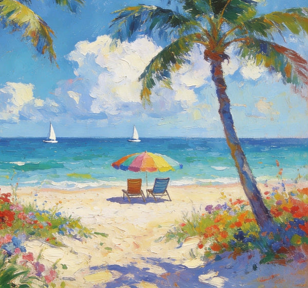 Landscape Paintings for Dining Room, Seaside Bliss with Palms, Small Paintings On Canvas, Hand Painted Canvas Art, Hand Painted Canvas Art, Original Oil Paintings-HomePaintingDecor