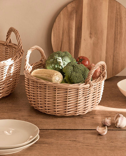 Picnic Fruit Basket with Handle, Kitchen Storage Baskets, Natural Hand-woven Wicker Round Storage Basket, Lovely Willow Weaving Baskets for Vegetable, Natural Fruit Storage Basket-HomePaintingDecor