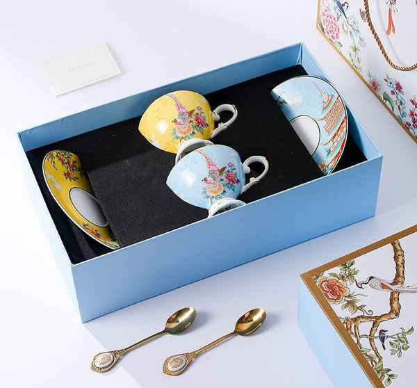 Elegant Oriental Pheasant Ceramic Cups, Beautiful Bird Pattern Tea Cups, 8 oz Porcelain Tea Cup Saucer Set of 2 Cups, Unique Tea Cup and Saucer in Gift Box-HomePaintingDecor