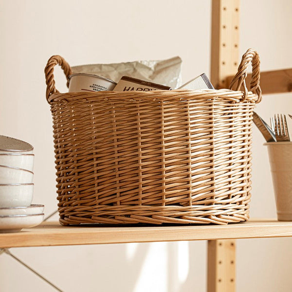 Small Picnic Fruit Basket with Handle, Kitchen Storage Baskets, Natural Hand-woven Wicker Round Storage Basket, Small Willow Weaving Baskets for Vegetable, Natural Fruit Storage Basket-HomePaintingDecor