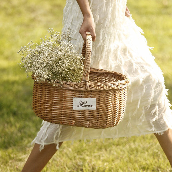 Hand-woven Wicker Storage Basket, Large Picnic Food Basket with Handle, Willow Weaving Baskets for Vegetable, Natural Fruit Basket, Kitchen Storage Baskets-HomePaintingDecor