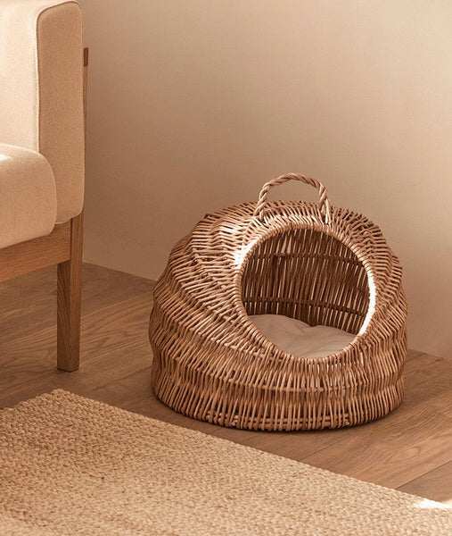 Indoor Cat Bed, Natural Wicker Cat House Basket with Washable Cushion for Indoor Cats and Dogs-HomePaintingDecor