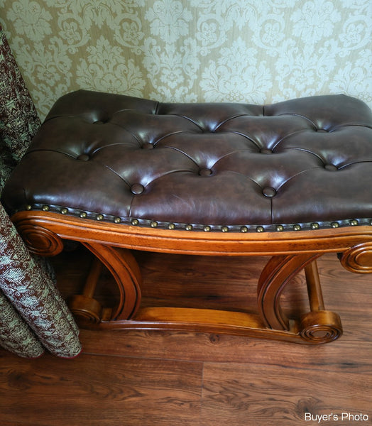 Vintage Leather Stool, Genuine Leather Solid Wood Entry Bench, Cherry Wood Footstool, Long Bench, Vanity Stool, Dressing Table Stool-HomePaintingDecor